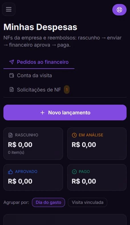 Minhas Despesas do Atlas mobile: pedidos ao financeiro com status rascunho, análise, aprovado, pago