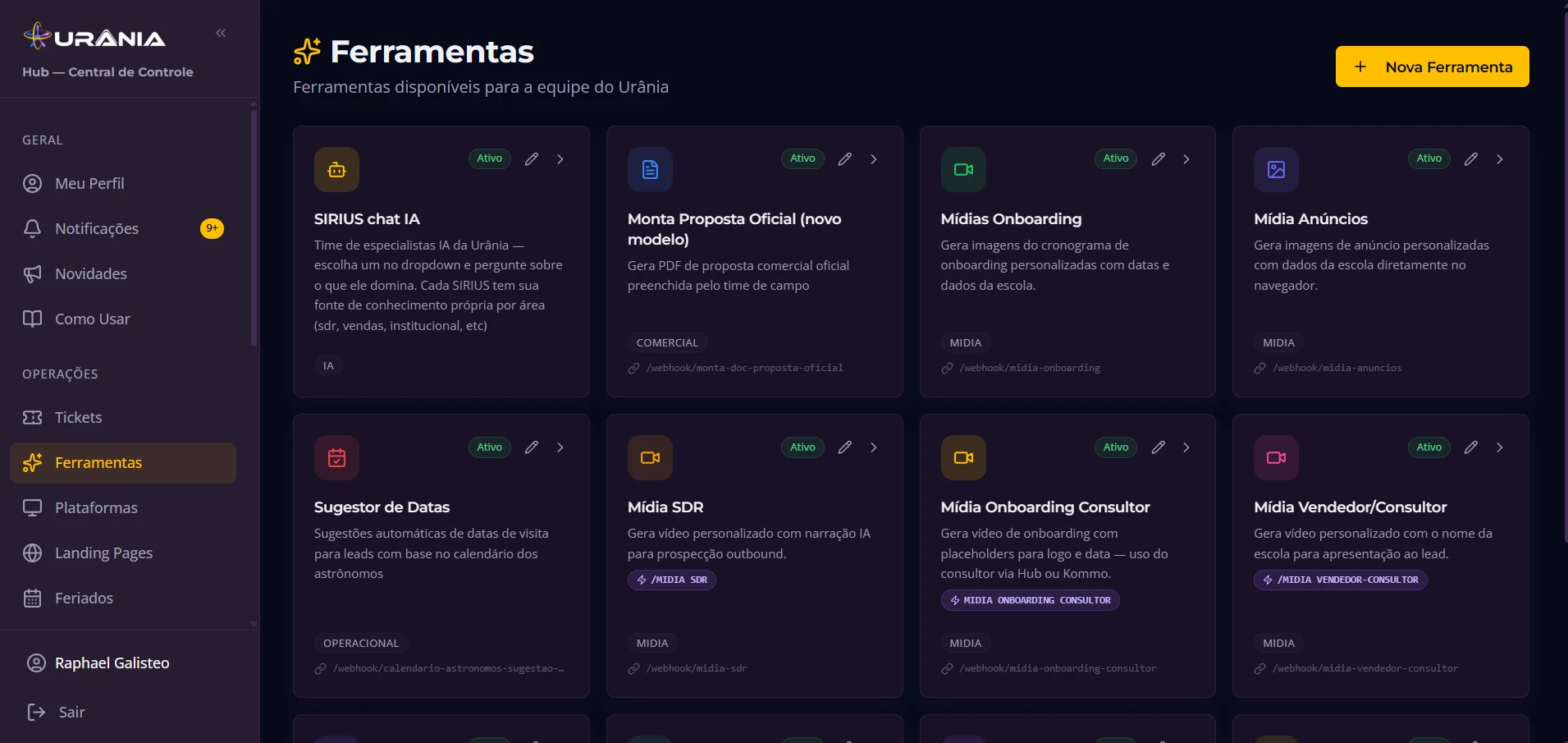 Página de Ferramentas do Órbita: grid com 11 mini-aplicativos internos (SIRIUS chat IA, Monta Proposta, Mídia SDR, Sugestor de Datas, etc.)
